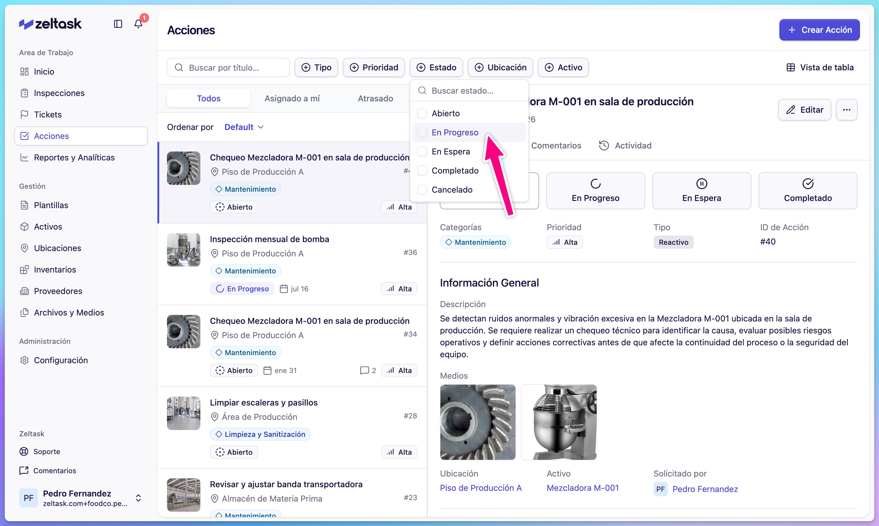 Click Status filter and select In Progress to filter the list